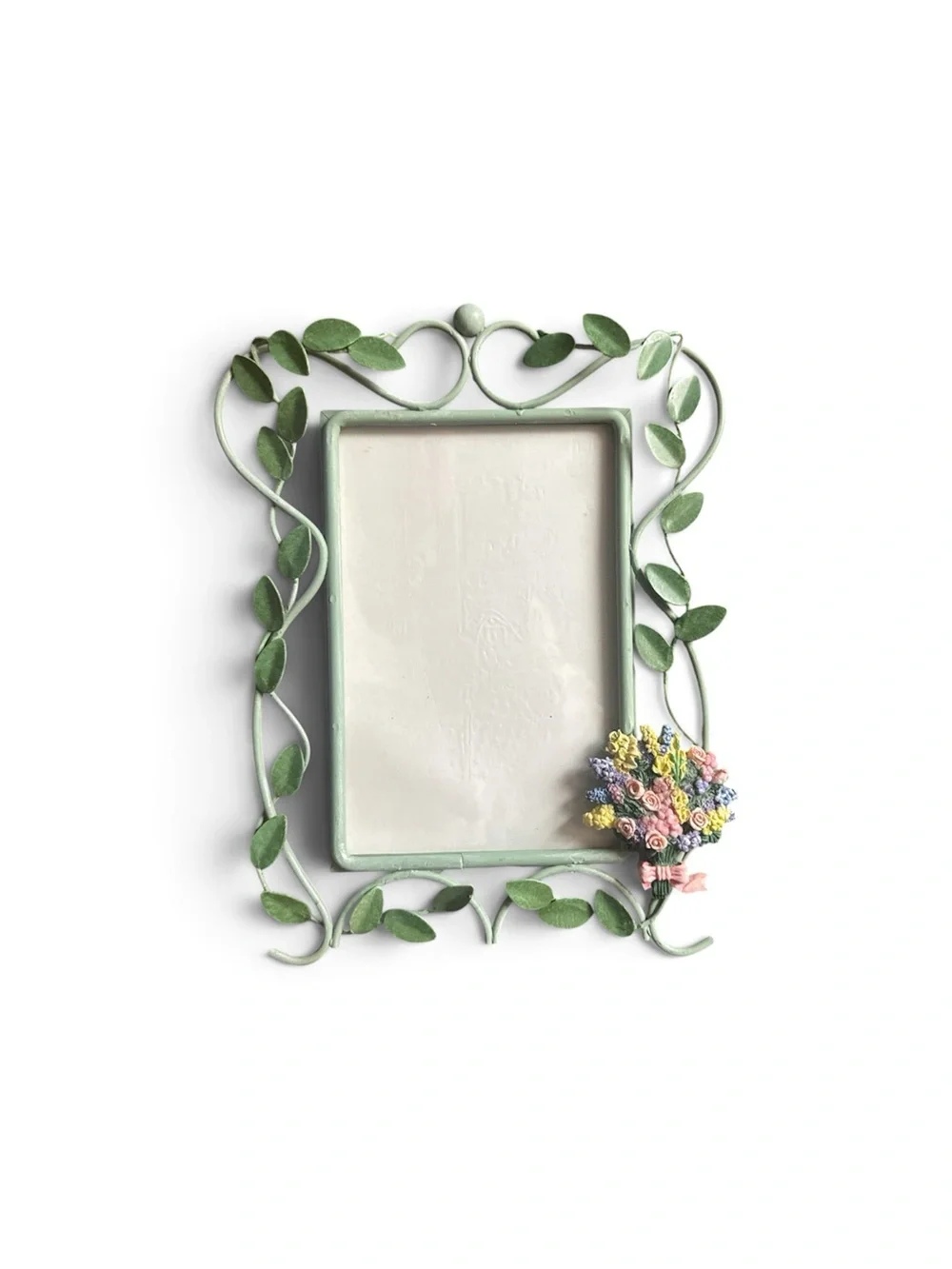 Handcrafted Green Leaf Photo Frame with Floral Accent - Home Accents